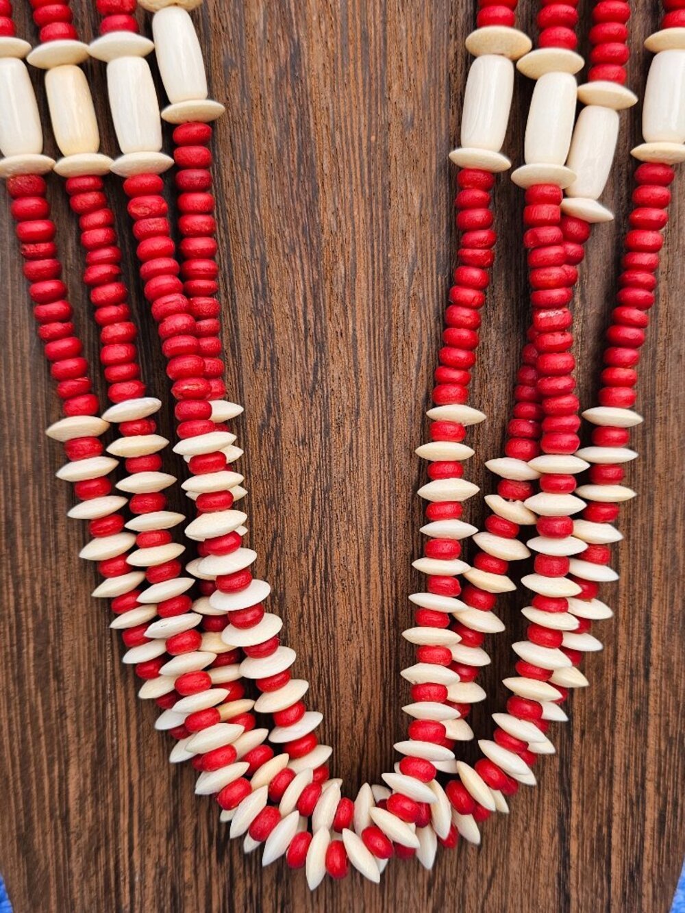 Naga Tribal 5-Strand Red Glass & Bone Bead Statement Necklace 26" Boho / Ethnic